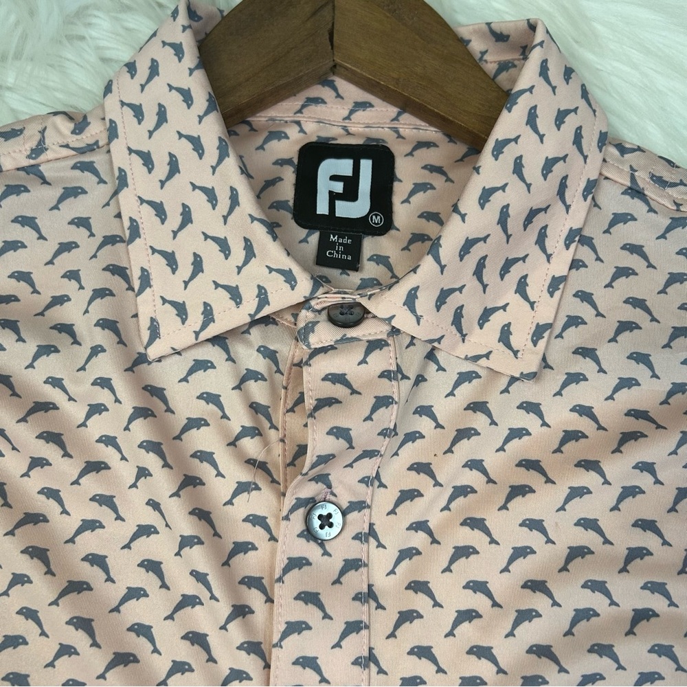 Footjoy Polo Shirt Mens Medium Athletic Fit Performance Golf Dolphins AOP Sports